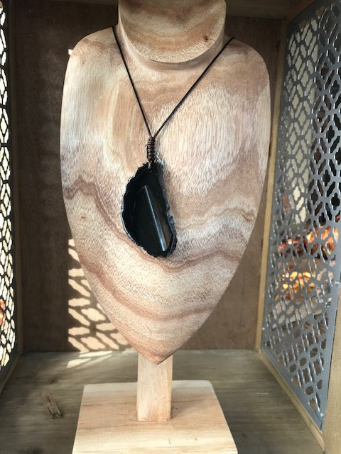 Black Leather & Sliced Stone Necklace